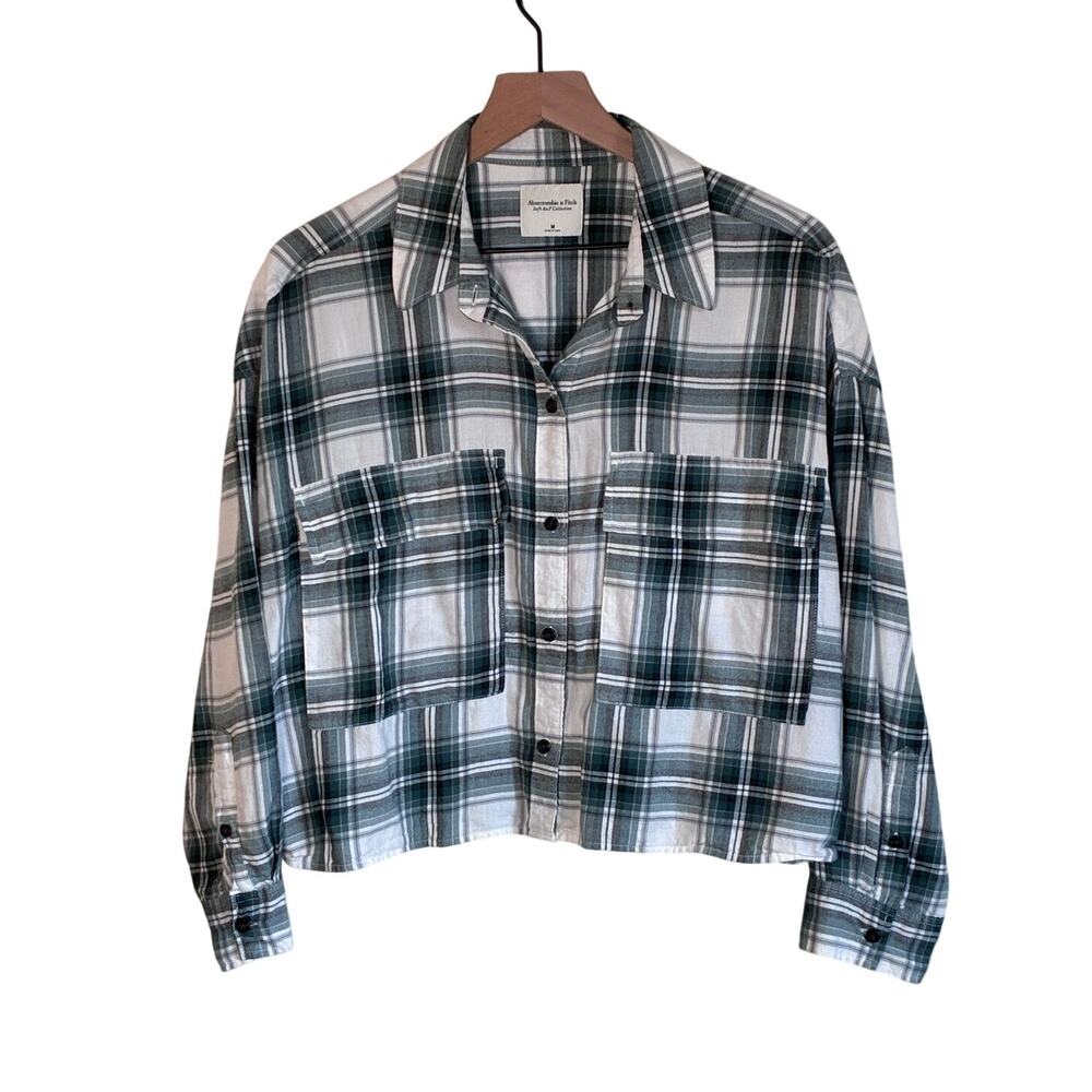 Abercrombie & Fitch Soft A&F Plaid Cropped Boxy Button-Down Top Green & White M
